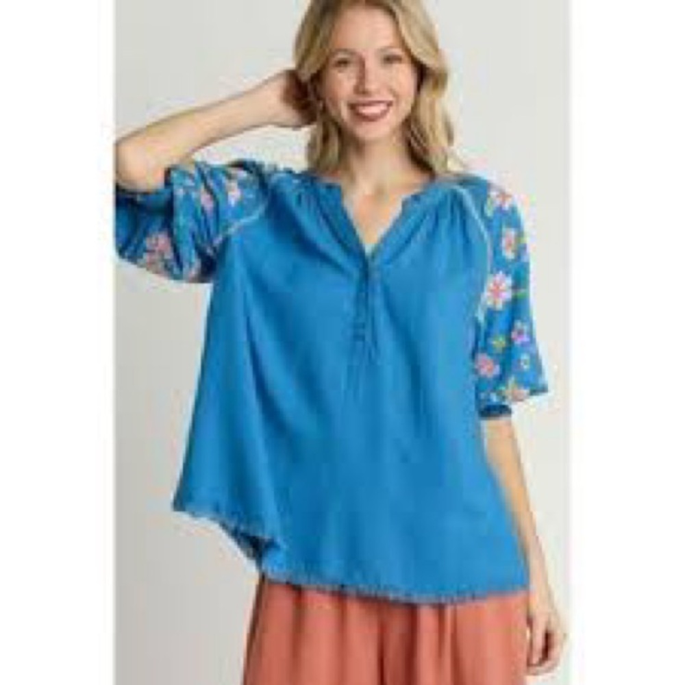 Umgee Blue Ruffled Embellished Blouse with Mandarin Collar NWOT